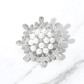 Pearl Embellished Stone Paved Flower Pin Brooch