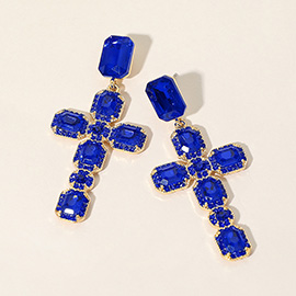 Glass Stone Cluster Cross Dangle Evening Earrings