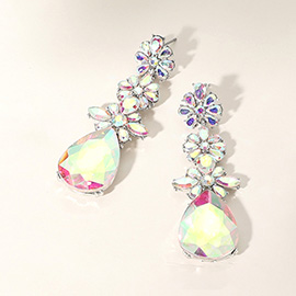 Triple Flower Stone Cluster Link Teardrop Pointed Evening Earrings