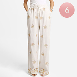 6PCS - Floral Embroidered Wide Leg Pants