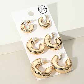 3Pairs - Wavy Puffy Metal Hoop Earring Set