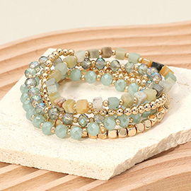 5PCS - Square Metal Ball Faceted Beaded Stretch Multi Layered Bracelets