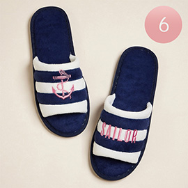 6Pairs - Anchor Sailor Message Embroidered Striped Pool Side Slippers / Home Indoor Floor Slippers