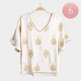 6PCS - Embroidered Linen V-neck Top