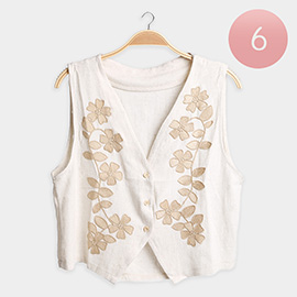 6PCS - Floral Embroidered Linen Vest