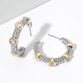 Round Rhinestone Accented Metal Hoop Earrings