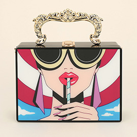 Retro Pop Art Lady Printed Box Clutch Bag / Crossbody Bag