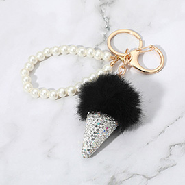 Bling Studded Pom Pom Ice Cream Cone Pearl Wristlet Keychain / Bag Charm