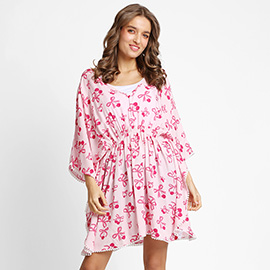 Boho Bow Print Drawstring Mini Tunic Dress