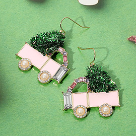 Enamel Stone Embellished Christmas Cart Dangle Earrings