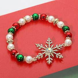 Stone Paved Snowflake Charm Holiday Pearl Beaded Stretch Bracelet