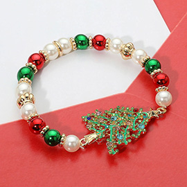 Stone Paved Christmas Tree Charm Holiday Pearl Beaded Stretch Bracelet