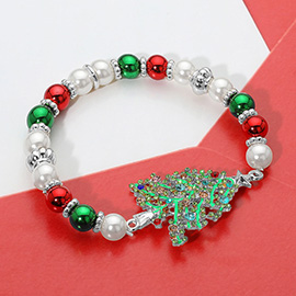 Stone Paved Christmas Tree Charm Holiday Pearl Beaded Stretch Bracelet