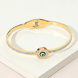 Stainless Steel Evil Eye CZ Stone Accent Hinged Bangle Bracelet
