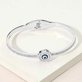 Stainless Steel Evil Eye CZ Stone Accent Hinged Bangle Bracelet