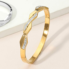 Stainless Steel Geometric CZ Stone Paved Hinged Bangle Bracelet