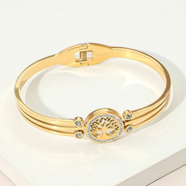 Stainless Steel Tree of Life CZ Stone Accent Hinged Bangle Bracelet