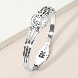 Stainless Steel Tree of Life CZ Stone Accent Hinged Bangle Bracelet