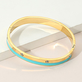 Stainless Steel Enamel Inlay CZ Stone Accents Hinged Bangle Bracelet