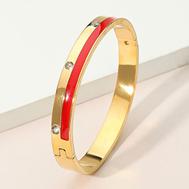 Stainless Steel Enamel Inlay CZ Stone Accents Hinged Bangle Bracelet