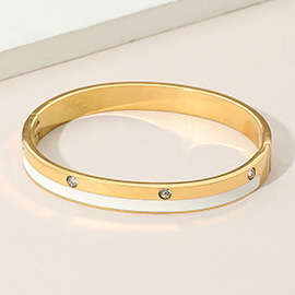 Stainless Steel Enamel Inlay CZ Stone Accents Hinged Bangle Bracelet