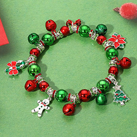 Christmas Poinsettia Bow Tree Snowman Candy Cane Charm Bell Beaded Stretch Bracelet