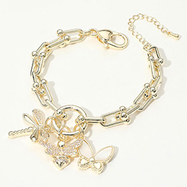 14K Gold Plated CZ Stone Paved Dragonfly Honey Bee Mother of Pearl Butterfly Charm Industrial Chain Link Bracelet