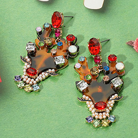Rhinestone Pearl Embellished Resin Reindeer Dangle Earrings