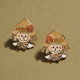 Autumn Smiling Scarecrow Face Stud Earrings