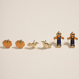 3Pairs - Autumn Pumpkin Bird Scarecrow Stud Earring Set