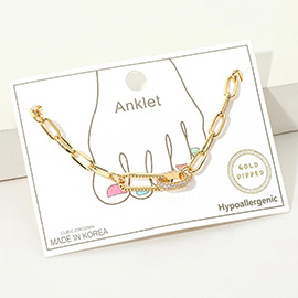 Gold Dipped CZ Stone Paved Link Accent Paperclip Chain Anklet