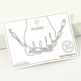 White Gold Dipped CZ Stone Paved Link Accent Paperclip Chain Anklet