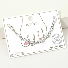 White Gold Dipped CZ Stone Paved Link Paperclip Chain Anklet