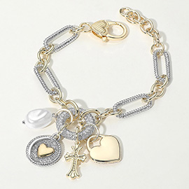 14K Gold Plated Two Tone CZ Stone Paved Heart Medallion Cross Pearl Charm Chunky Oval Chain Bracelet