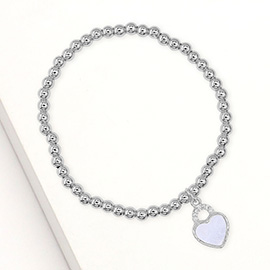 Stainless Steel CZ Stone Accent Mother of Pearl Heart Charm Stretch Bracelet