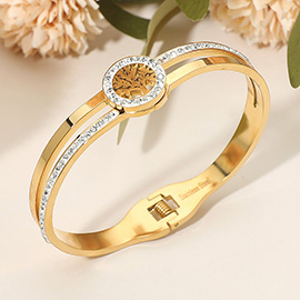 Stainless Steel CZ Stone Paved Tree Of Life Accent Hinged Bangle Bracelet