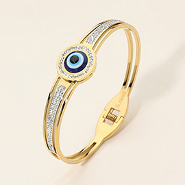 Stainless Steel CZ Stone Paved Evil Eye Accent Hinged Bangle Bracelet