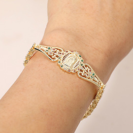 CZ Stone Embellished Filigree Detail Religious Oval Medallion Accent Chain Bracelet