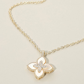 14K Gold Plated CZ Stone Paved Center Mother of Pearl Floral Clover Pendant Necklace